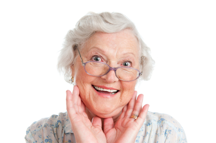 Happy surpised senior woman looking at camera isolated on white background
